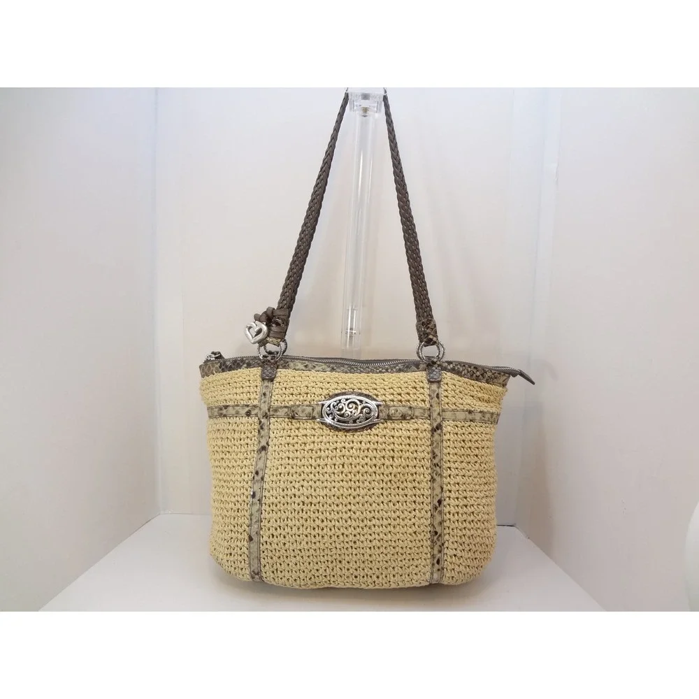 Brighton Straw Tote Bag Large Beige Excellent Snakeskin Trim Filigree